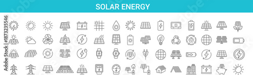 Solar energy line icons collection illustrating renewable power, photovoltaic panels, clean electricity, sustainability, eco technology, green energy systems for web, mobile apps, infographics