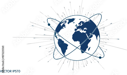 Stylized vector illustration of Earth with surrounding lines and spheres, symbolizing global communication, technology, and interconnectedness in a modern design.