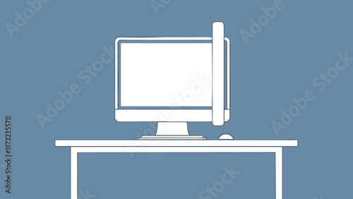 Minimalist workspace featuring a sleek computer monitor and simple desk design, perfect for modern home office setups, emphasizing a clean aesthetic and productivity.