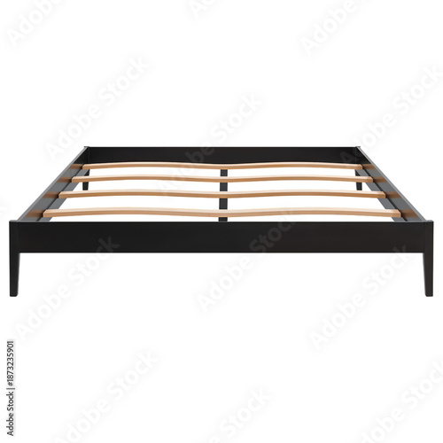 Bed Frame Design With Wooden Slats for Support in a Simple Style and Black Fi...