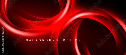 Dynamic red swirls create abstract background. Bright lines suggest movement, energy, modern design aesthetic. Dark backdrop enhances vivid color contrast.