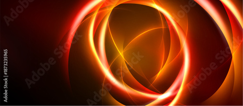 Abstract design features glowing orange rings, curves, dark background. Dynamic composition evokes energy, warmth, modern aesthetic.