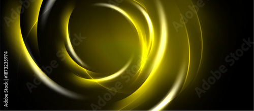 Abstract golden swirls dominate black background. Dynamic lines create circular motion, suggesting energy, light, depth. Smooth gradients enhance visual impact.