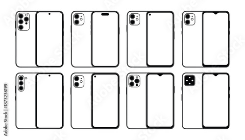 Modern Smartphone Outline Collection with Front and Back View Device Mockups for UI UX App Design Projects
