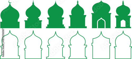 Silhouettes of various architectural domes and structures against a plain white background