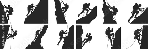Silhouetted climbers ascending steep rocky cliffs with ropes in various poses
