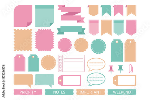 Pastel Planner Sticker Set with Labels, Sticky Notes, Banners, and Speech Bubbles for Journaling, Scrapbooking, and Digital Planning Organization
