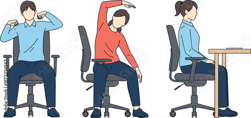 Office chair stretching exercises illustration, seated workplace workout poses, ergonomic posture improvement routine, healthy desk job activity vector, isolated on white background design