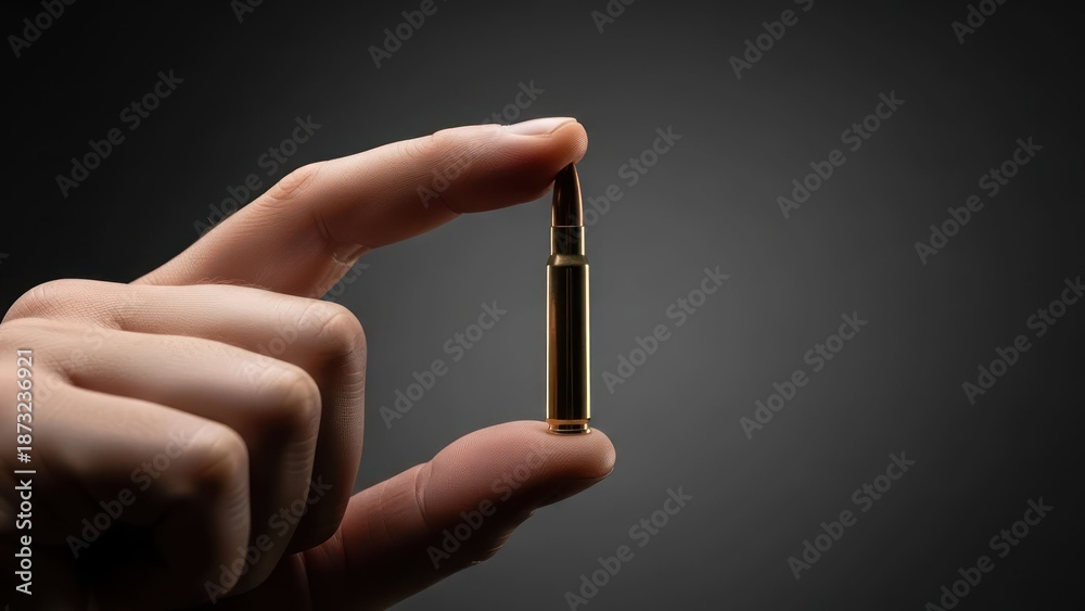 Fototapeta premium Human fingers delicately holding a bullet against a dark grey background