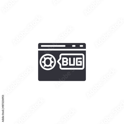Debugging window icon labeled bug, symbolizing software testing, error detection, troubleshooting, and quality assurance processes.