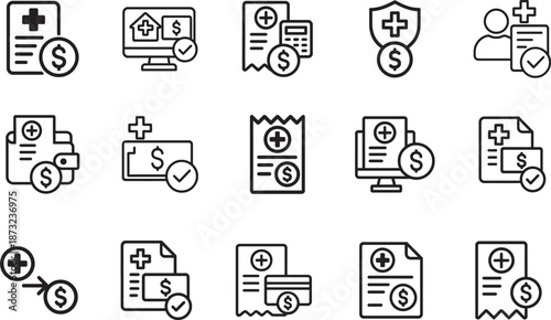 Medical billing and payment outline icon set with invoice, insurance, receipt, card, and healthcare finance symbols.