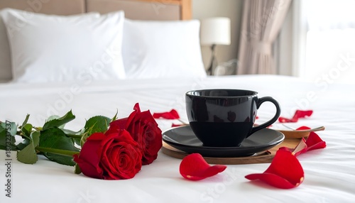 A cozy scene featuring red roses and a black cup on a bed, creating a romantic atmosphere