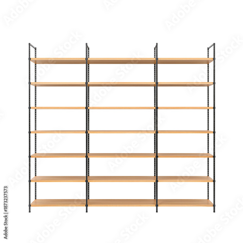 Metal Shelving Unit With Wooden Shelves Organized in a Neat Layout for Storag...