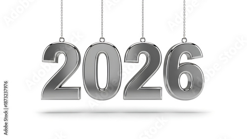 Shiny metal 2026 hanging numbers on chains, New Year's concept