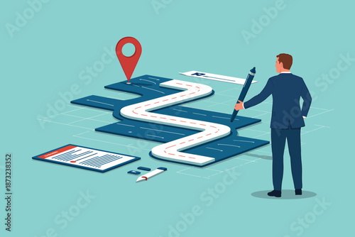 Businessman navigating a zigzag road with map and compass