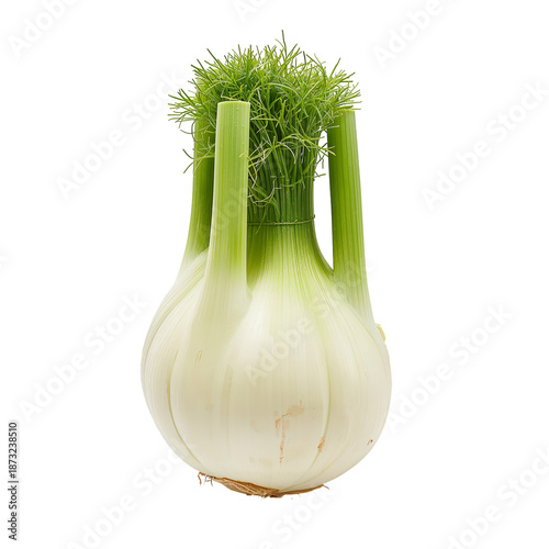 Fresh Fennel Bulb With Green Fronds Displayed on a White Background