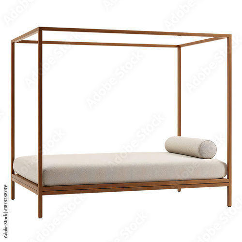 Simple Wooden Bed Frame With Mattress and Pillow in a Modern Design in a Room...