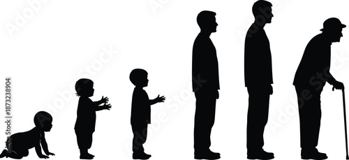 Human life stages silhouette illustration, baby to elderly aging process, growth timeline concept, family development evolution graphic, black vector figures isolated on white background
