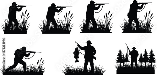 Hunter silhouette collection illustration, hunting man with rifle poses, outdoor wildlife hunting concept, nature grass forest scene, black vector figures isolated white background