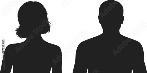 Male and female human silhouette profile avatars, anonymous people shadows for user icon, identity privacy concept, black vector illustration isolated on white background design