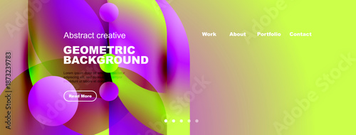 Vibrant abstract design. Fluid shapes, gradients create modern website header. Text overlays promote content access.
