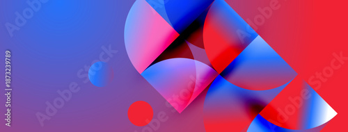 Abstract composition featuring overlapping circles, vibrant colors. Gradient background transitions from blue to red. Modern design elements present.