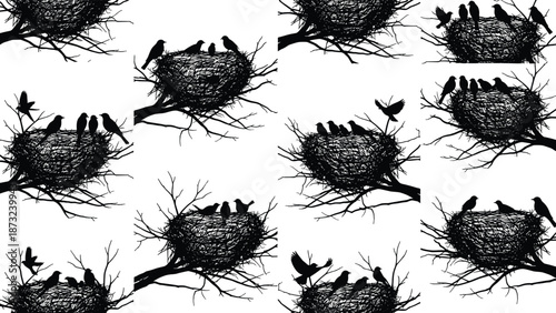 Bird nest silhouettes with perched birds on branches, nature icon set showing various group arrangements and nesting behavior.