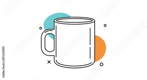 Clean and modern line art illustration of a classic coffee mug against a background with abstract colored shapes on white.