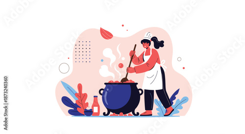 Illustration of a happy female chef in a white apron stirring a large pot of steaming soup in a modern kitchen setting.
