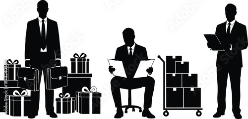 Business Professionals in Silhouette with Briefcases, Documents, and Boxes Representing Logistics, Inventory, and Office Work in Vector Design
