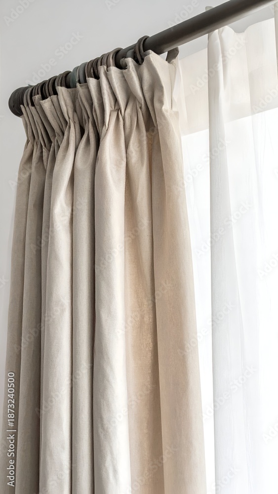 Fototapeta premium Elegant curtains in neutral tones gently cascading from a rod against a light wall backdrop