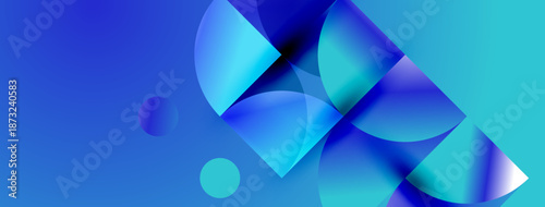 Abstract blue shapes overlap, creating vibrant gradients. Soft lighting suggests depth, modern design elements present.