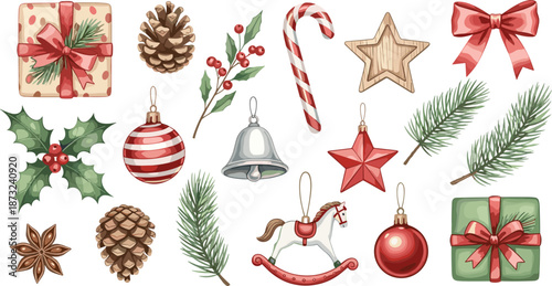 Hand drawn Christmas decoration elements set with gifts, pine cones, ornaments, candy cane, bow, holly, and festive holiday icons
