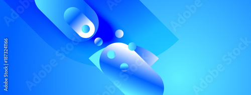 Abstract blue shapes overlap, creating dynamic composition. Gradient hues suggest depth, movement, modern aesthetic. Smooth forms evoke fluidity.