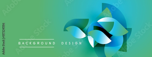 Abstract design features swirling blue shapes over green gradient. Text reads background design below central element. Simple, modern aesthetic.