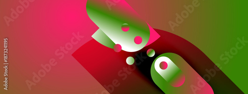 Abstract composition featuring vibrant gradients, shapes, circles. Dynamic interplay between red, green, pink hues creates visual interest.