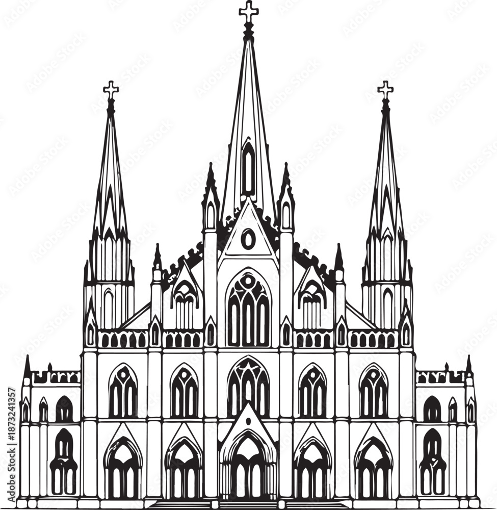 Fototapeta premium Cathedral Religious Building Hand-drawn Sketch Drawing Vector Illustration, Line Linear Symbol Engraving Coloring Book, Black and White Isolated