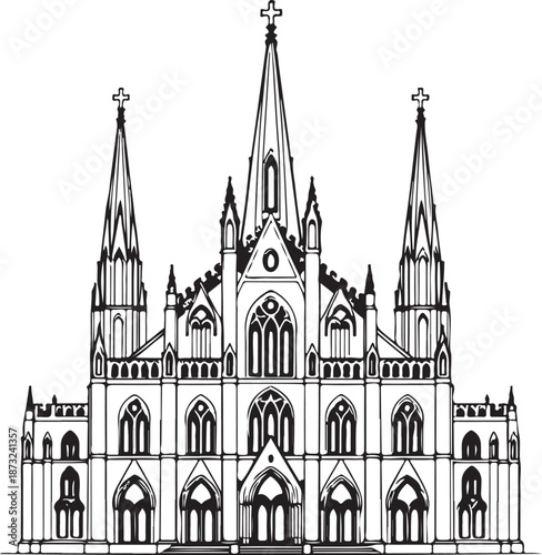 Cathedral Religious Building Hand-drawn Sketch Drawing Vector Illustration, Line Linear Symbol Engraving Coloring Book, Black and White Isolated