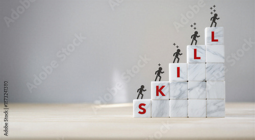 Marble blocks with red letters and climbing people on a light surface  business concept