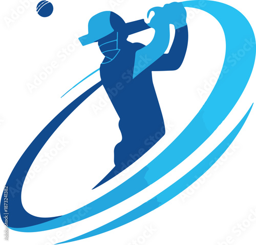 Silhouette of a Cricketer Batting with a Blue Swirl Effect and Cricket Ball sport