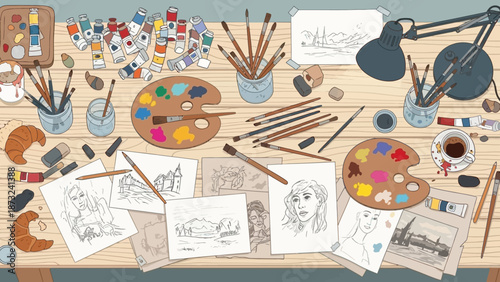 Artistic Workspace with Paintings, Pencils, and Pastries