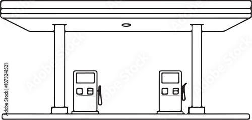 Gas Station Hand-drawn Sketch Drawing Vector Illustration, Line Linear Symbol Engraving Coloring Book, Black and White Isolated