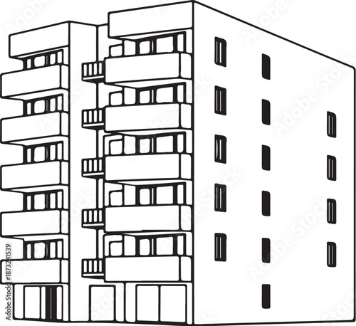 Condominium Serviced Apartment Multy Srorey Building Hand-drawn Sketch Drawing Vector Illustration, Line Linear Symbol Engraving Coloring Book, Black and White Isolated