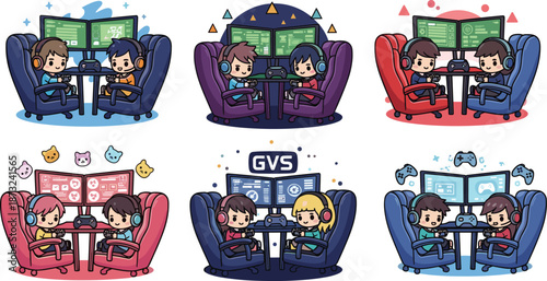 Cartoon Gamer Duo Vector Set with Headphones, Monitors, and Chairs for Multiplayer Gaming, Streaming, and Tech-Themed Design Projects