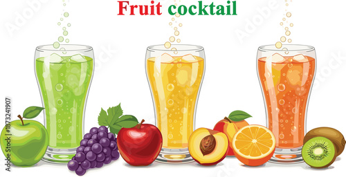 Colorful fruit cocktail drinks set with apple, grape, orange, peach, and kiwi, refreshing summer beverage illustration design