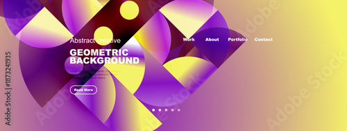 Abstract website header. Geometric shapes, vibrant colors, text overlays, navigation menu present. Modern design elements visible.