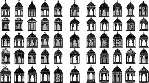 Black Ramadan lantern silhouette set featuring traditional Arabic fanous lamps with intricate geometric patterns for Islamic holiday decorations and greeting cards