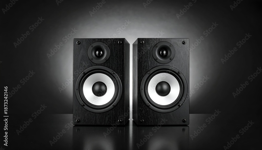 Fototapeta premium Two sleek black speakers stand symmetrically, highlighting modern design against a dark background