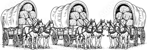 Covered, wagon, train, horses, western, transport, pioneer, caravan, line, art, black, white, outline, vintage, history, cad, drawing, flat, vector, illustration