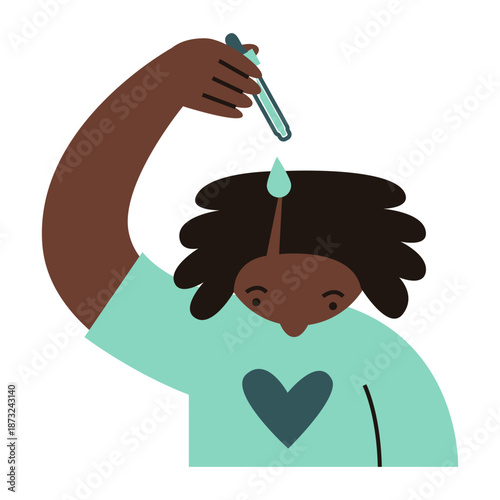 Woman applies scalp treatment to her head. Self-care ritual and routine for hair health and growth. Hydrating cleansing, exfoliating, rejuvenating serum.